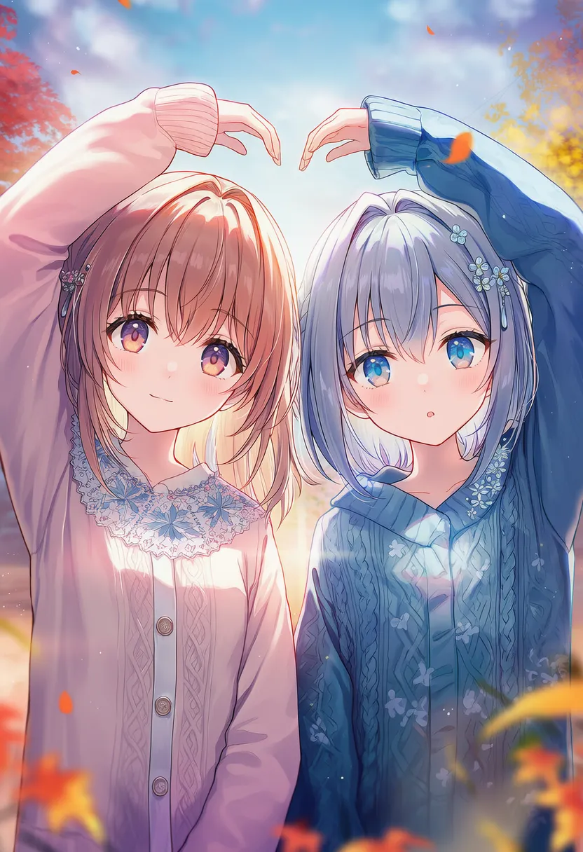 2人でハート(腕で)ポーズのAIイラスト|プロンプト紹介