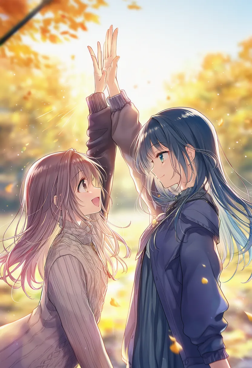 ハイタッチする2人のポーズのAIイラスト|プロンプト紹介