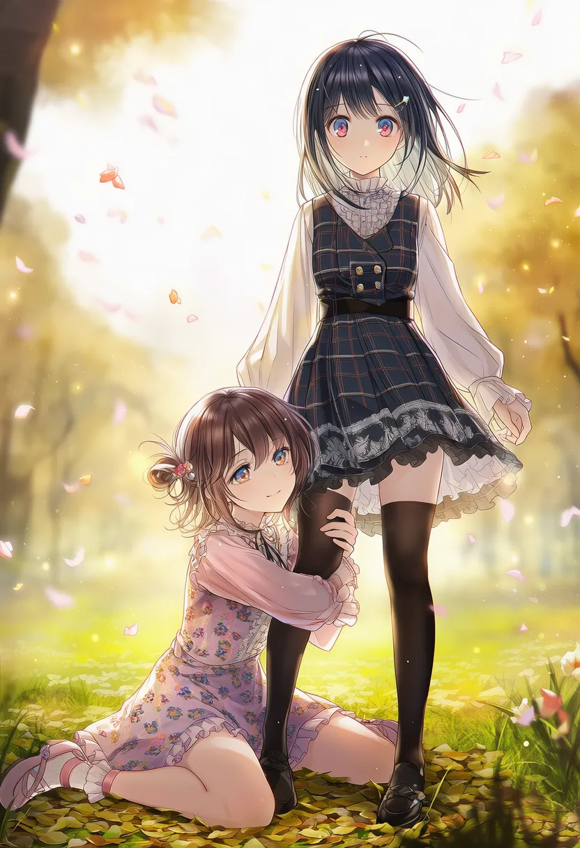 脚に抱きつく2人のポーズのAIイラスト|プロンプト紹介