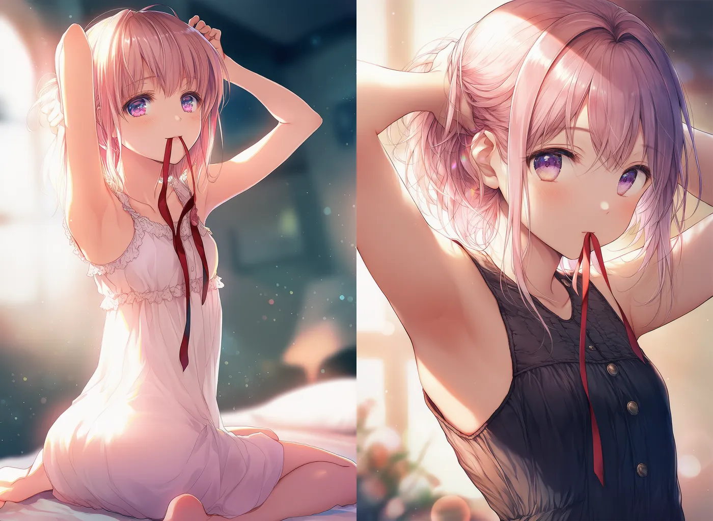 脇見せ＋リボンを咥える仕草のAIイラスト｜プロンプト紹介