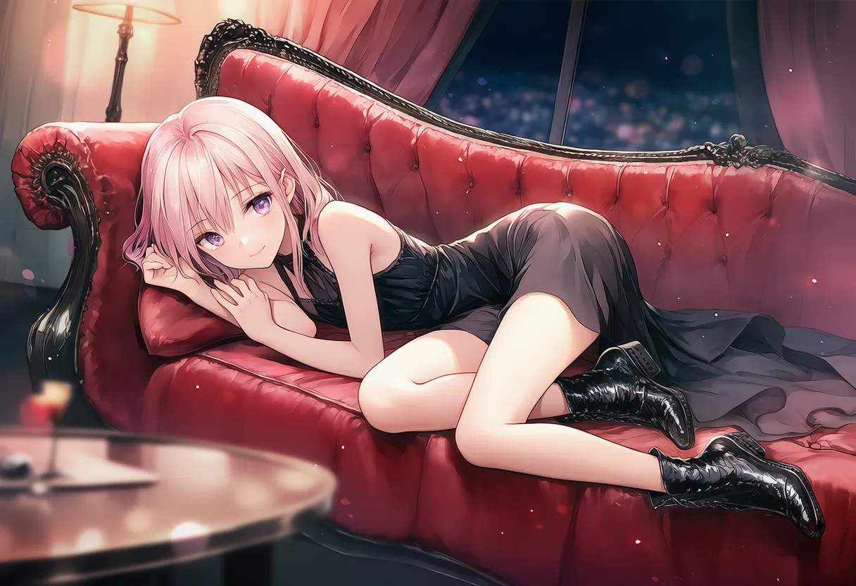 ソファーに横たわる悩殺ポーズのAIイラスト｜プロンプト紹介