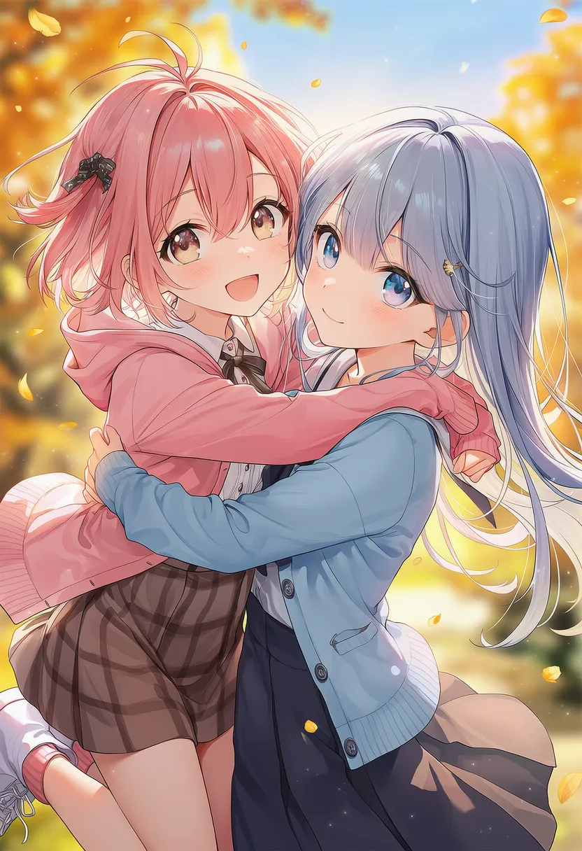 飛びついてハグする2人のポーズのAIイラスト|プロンプト紹介