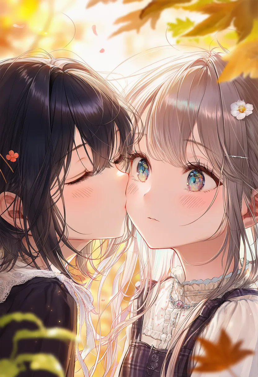 頬にキスする2人のポーズのAIイラスト|プロンプト紹介