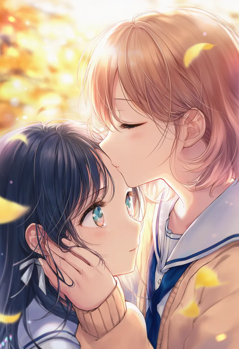 おでこにキスする2人のポーズのAIイラスト|プロンプト紹介