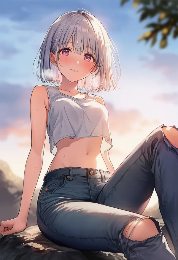 膝に穴のあいたパンツを履いた美少女AIイラスト|プロンプト紹介