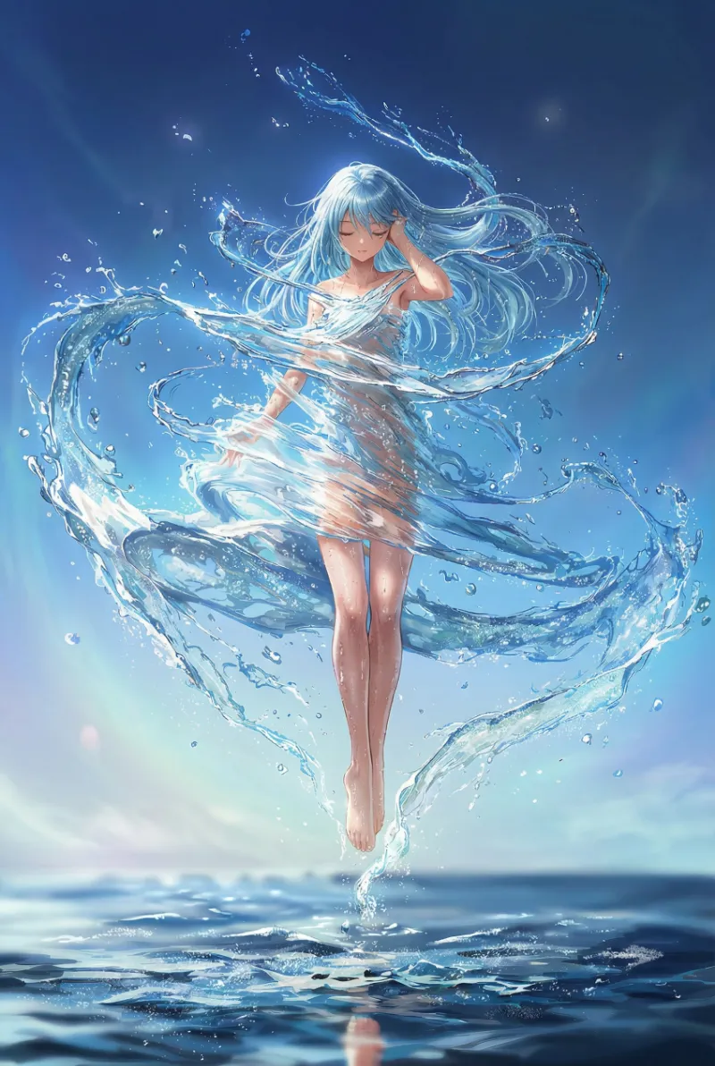 NovelAIのイラストをNano Banana Proを活用して水ドレスの描写を高精細にしたAIイラスト