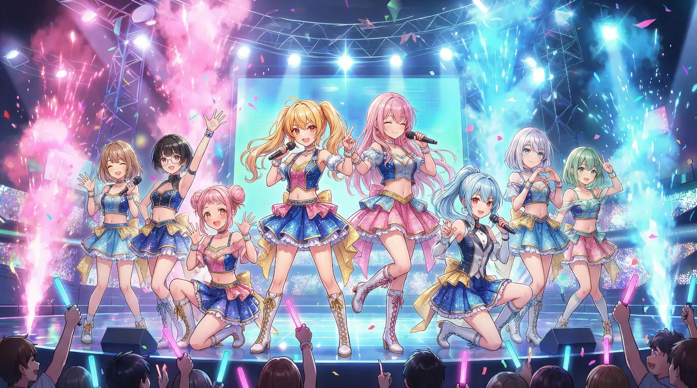 背景イラストのライブステージにキャラクター8人を合成したAIイラスト作例