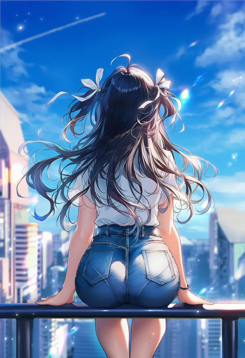 手すりに座ってパンティラインが見えるAIイラスト|プロンプト紹介