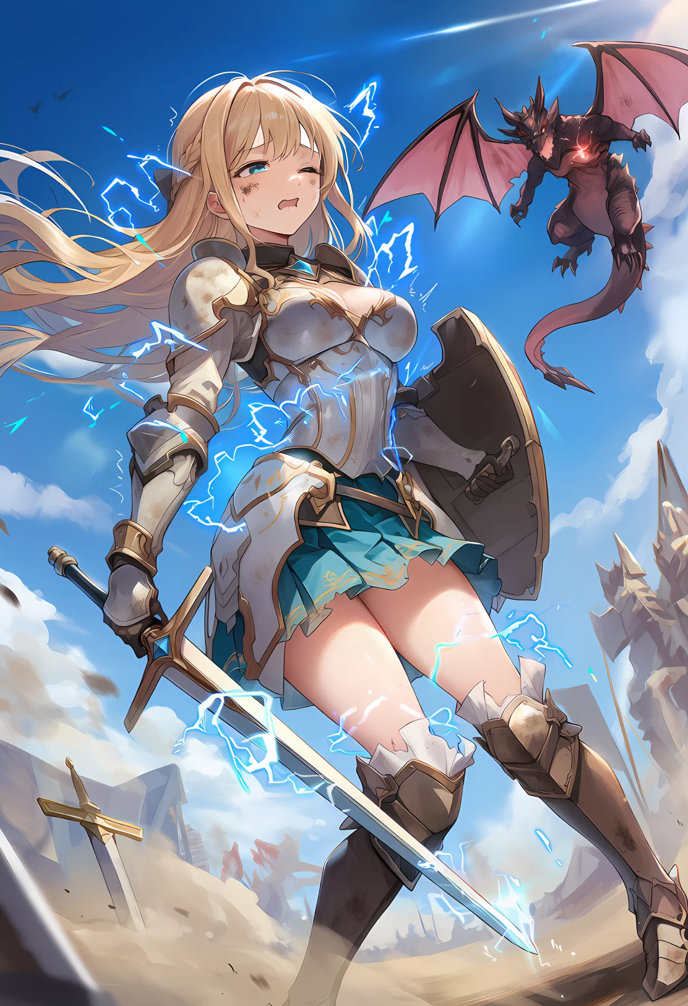 ドラゴンの攻撃を受けて感電エフェクトが発生して麻痺している状態のAI
イラストの作例