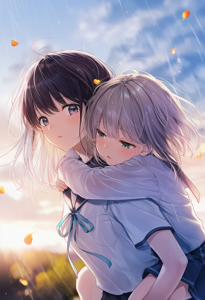 おんぶの2人のポーズのAIイラスト|プロンプト紹介