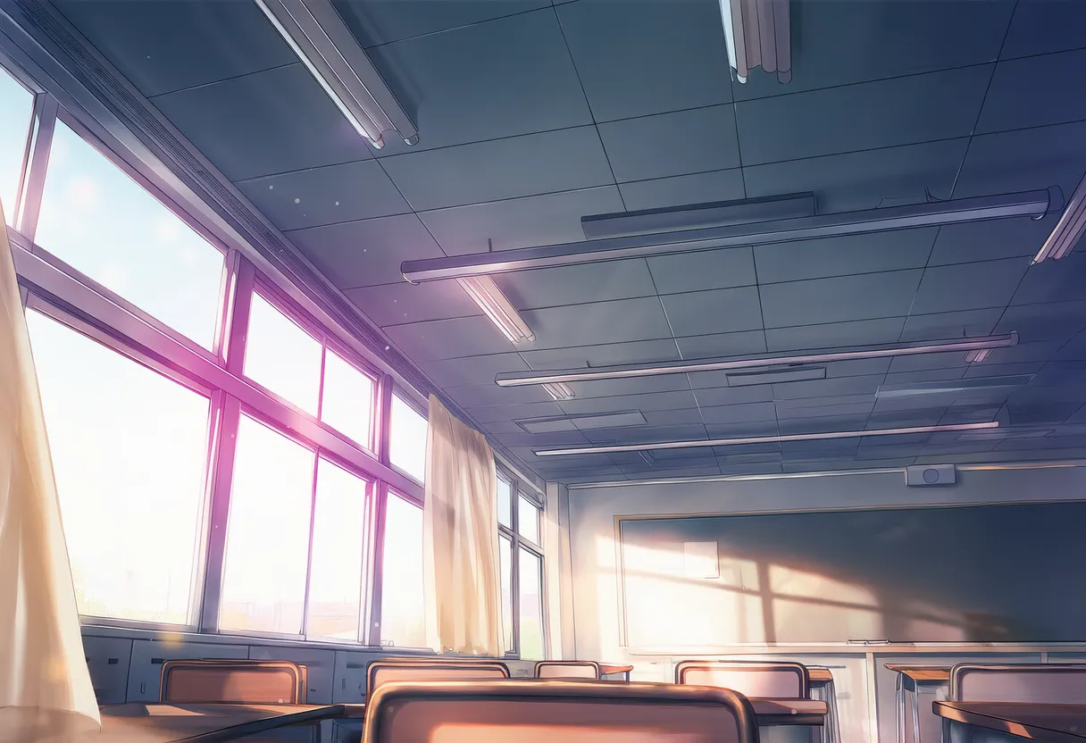 教室の椅子越しのPOV視点による天井を描写したAIイラスト作例|プロンプト紹介