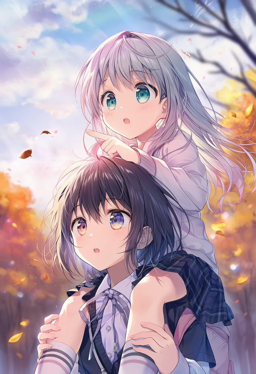 肩車の2人のポーズのAIイラスト|プロンプト紹介