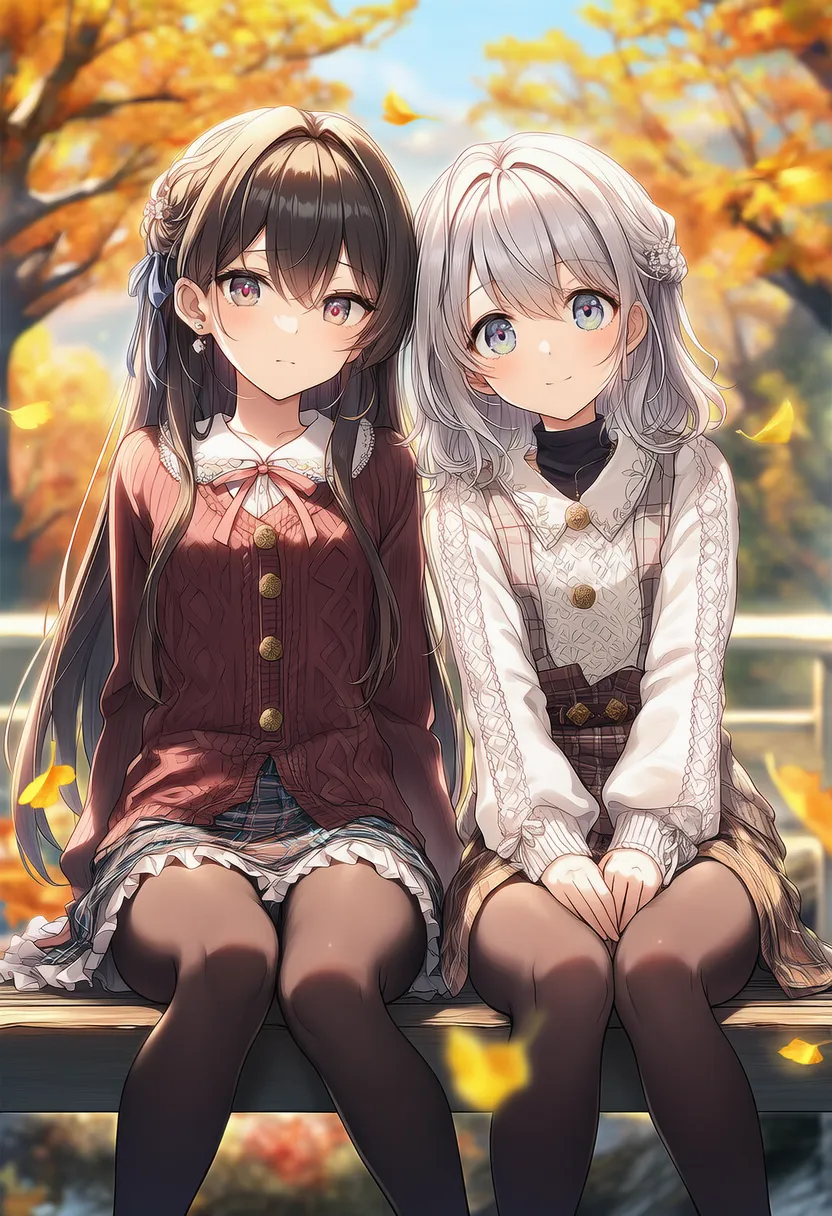 2人で並んで座るポーズのAIイラスト|プロンプト紹介