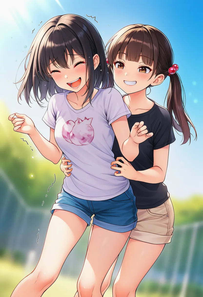 後ろからキャラクターをくすぐっているAIイラスト|プロンプト紹介