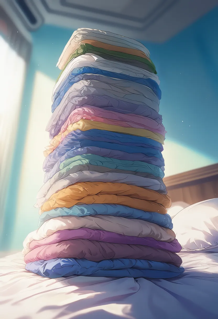 山積みにされた畳まれた服のAIイラスト|プロンプト紹介