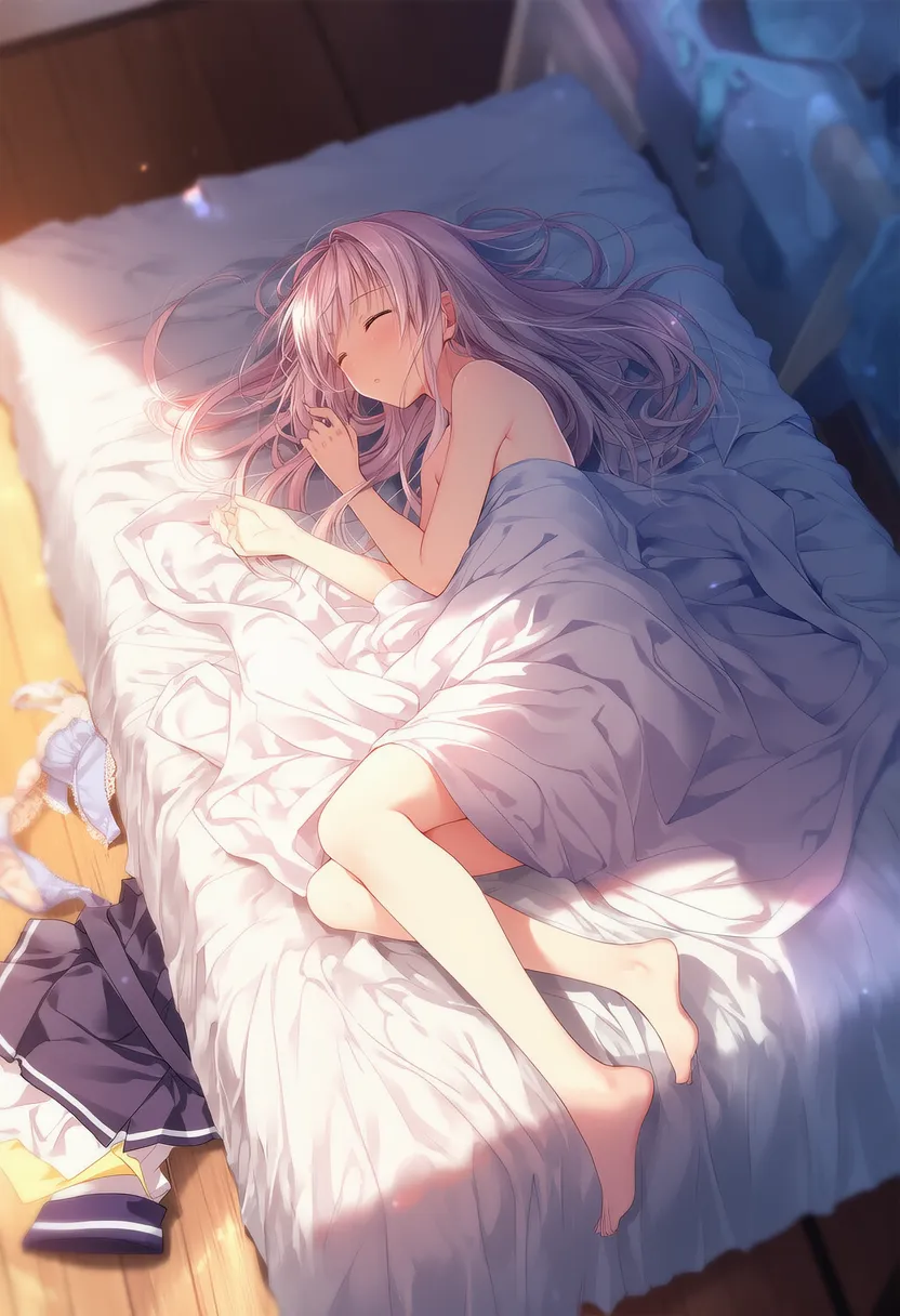 ベッドで寝ているキャラ+散乱した服のプロンプト紹介|AIイラスト作例