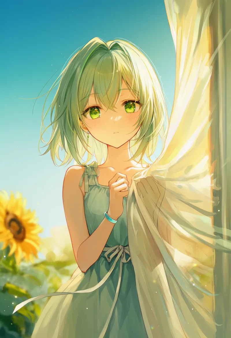 カーテンを背にして立つ美少女キャラクターのAIイラスト|プロンプト紹介