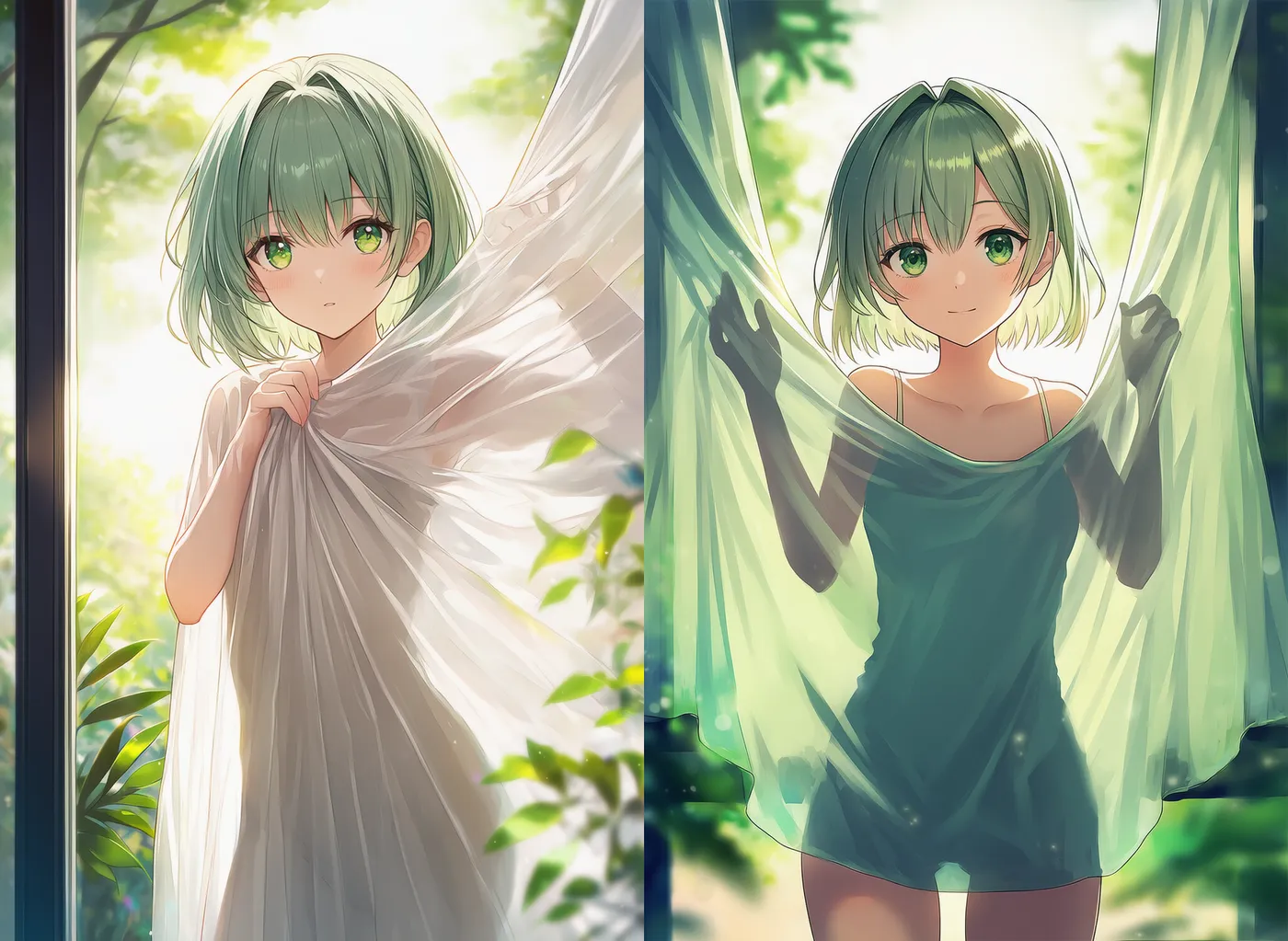 カーテン越しにシルエットが透けるプロンプト|AIイラスト作例