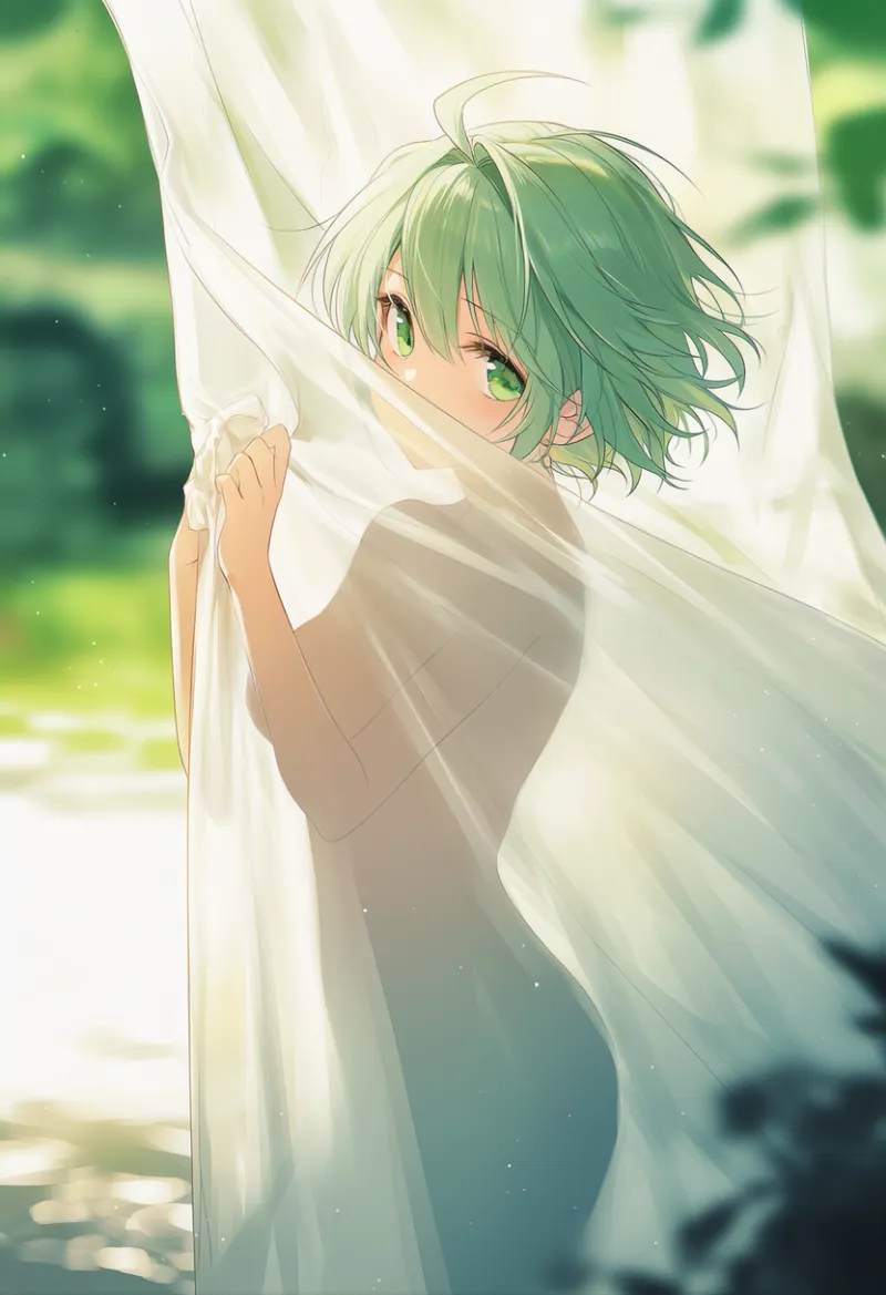 カーテンで体を隠してボディラインがシルエットで透けるアートAIイラスト|プロンプト紹介