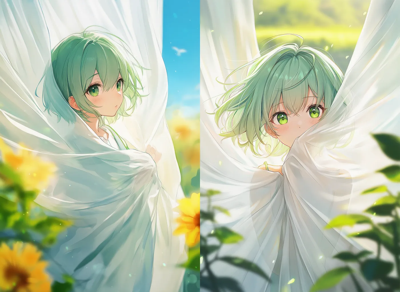 カーテンで体を覆って隠すプロンプト|AIイラスト