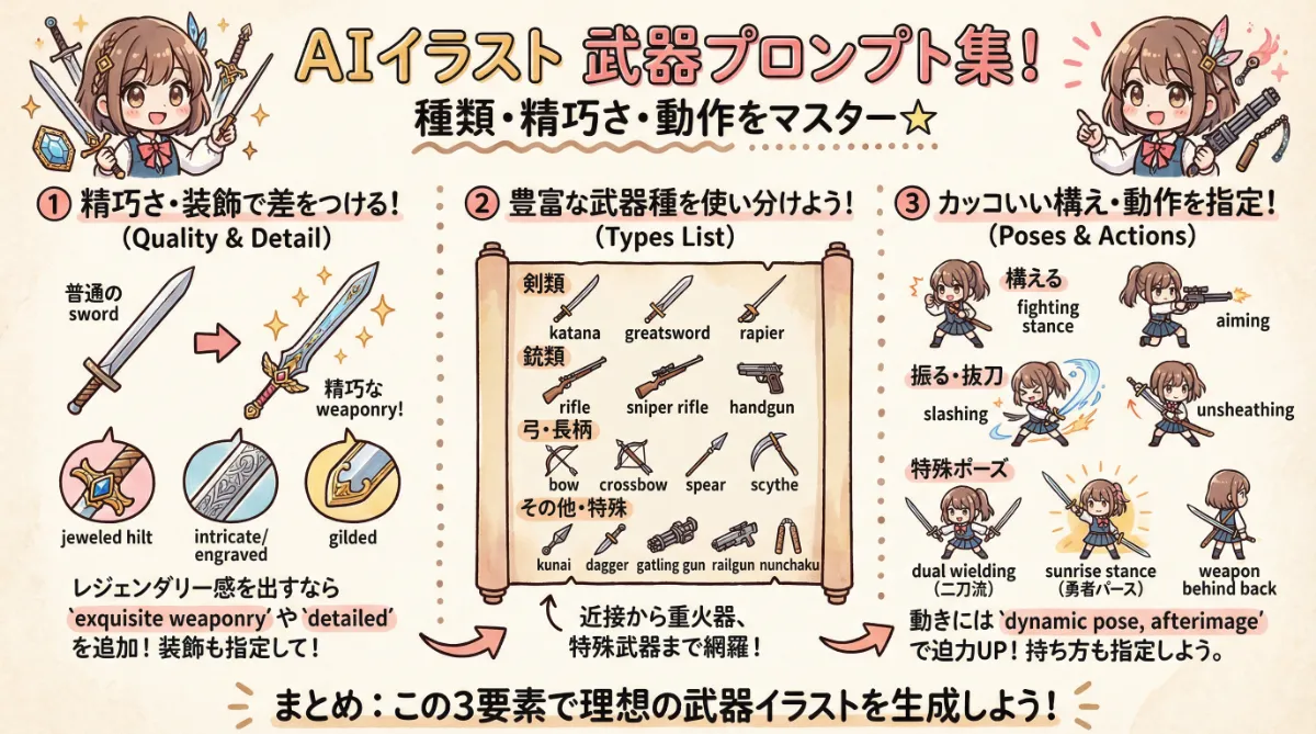 武器のプロンプト集のまとめ用の図解イラスト
