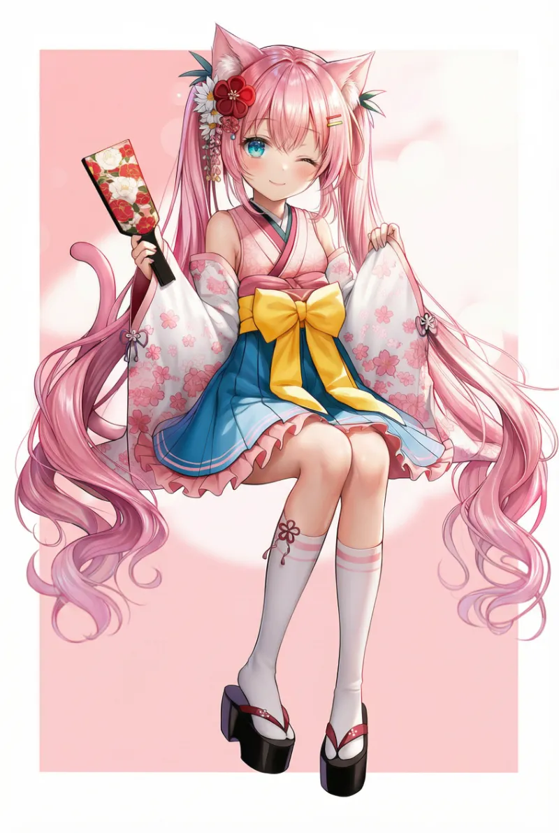 ミニスカ着物と羽子板を持つ猫耳少女の正月イラスト例とプロンプト紹介｜NovelAI Diffusion V4.5 Fullで生成