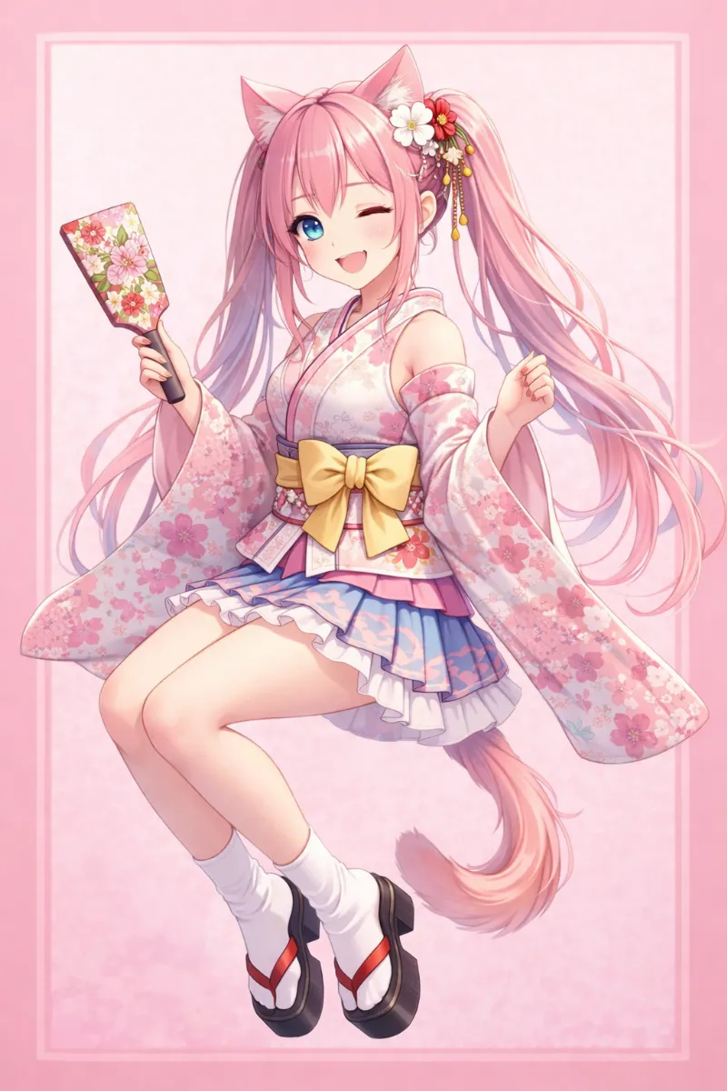 ミニスカ着物と羽子板を持つ猫耳少女の正月イラスト例とプロンプト紹介｜GPT Image 1.5で生成