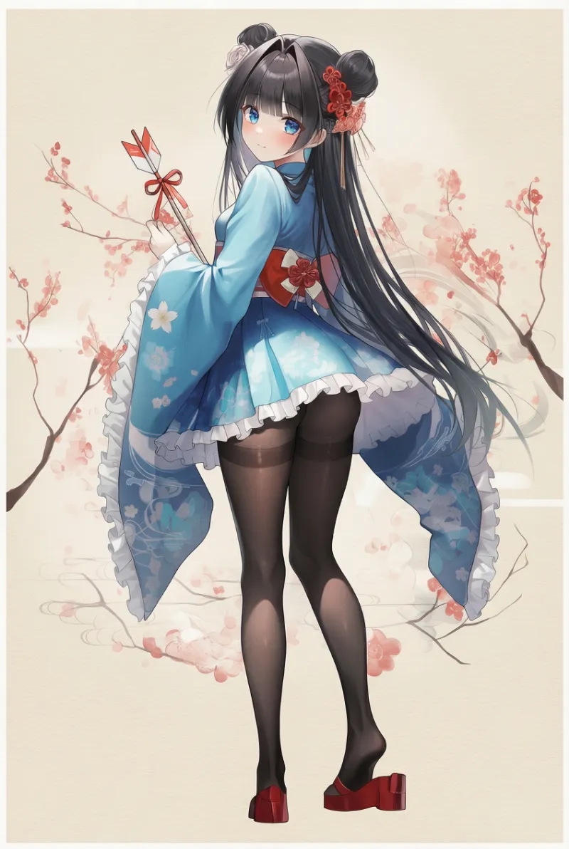 花柄ミニスカ着物の正月和風コーデイラスト例とプロンプト紹介｜NovelAI Diffusion V4.5 Fullで生成