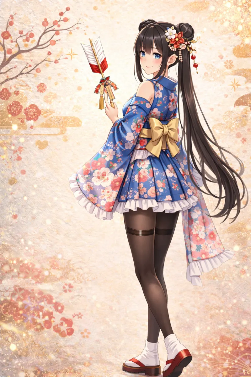 花柄ミニスカ着物の正月和風コーデイラスト例とプロンプト紹介｜GPT Image 1.5で生成