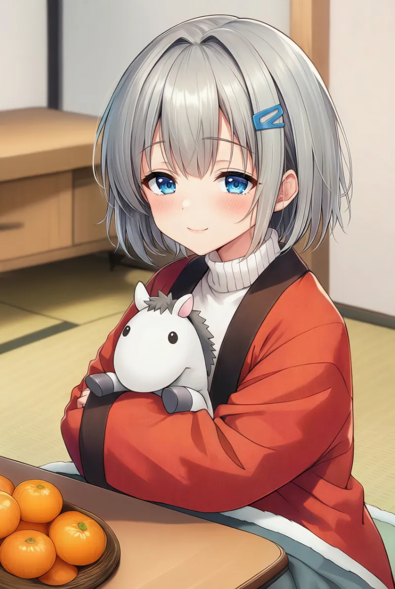 赤羽織・こたつ・みかんの室内正月イラスト例とプロンプト紹介｜NovelAI Diffusion V4.5 Fullで生成