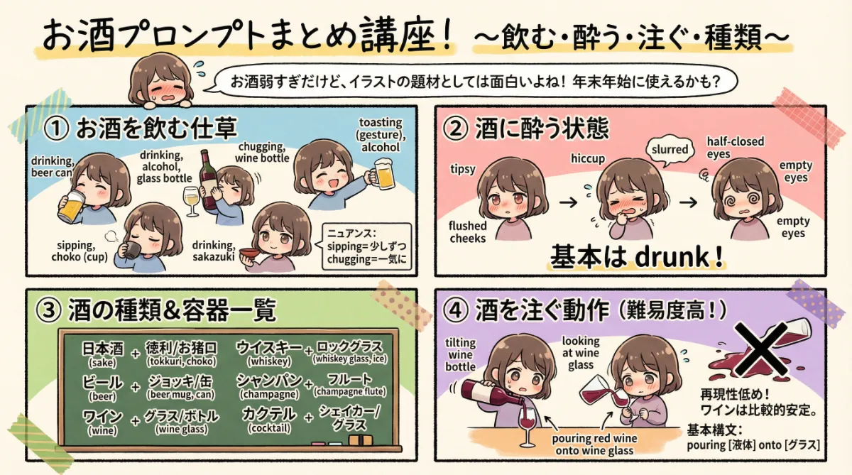 酒を飲む・酔う・注ぐシーンのプロンプト記事のまとめのための図解イラスト資料