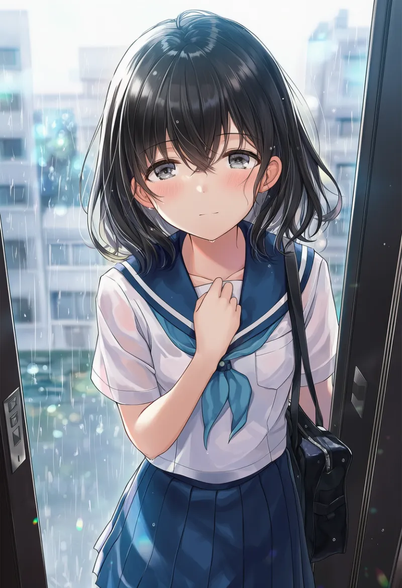 雨に濡れた制服少女が立つアパート玄関のプロンプトとAIイラスト作例