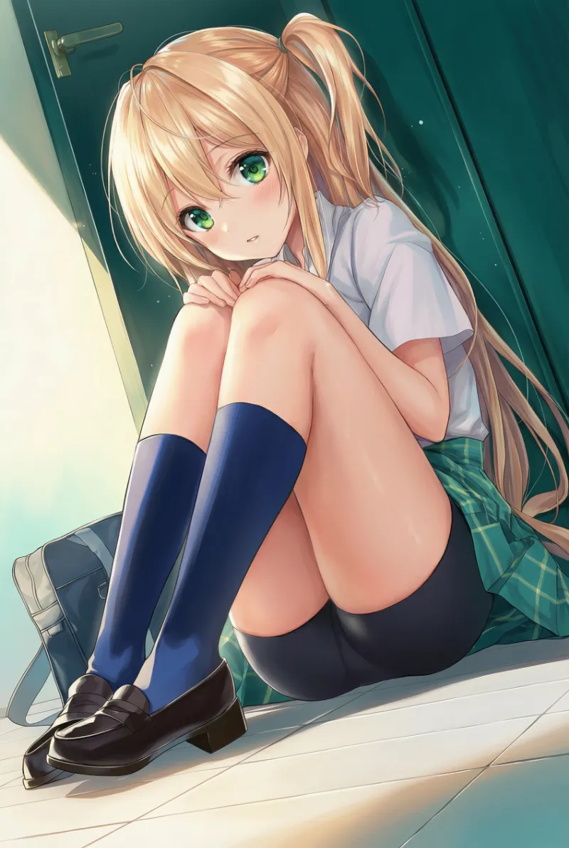 マンション玄関に座る日常シーンのプロンプトとAIイラスト作例