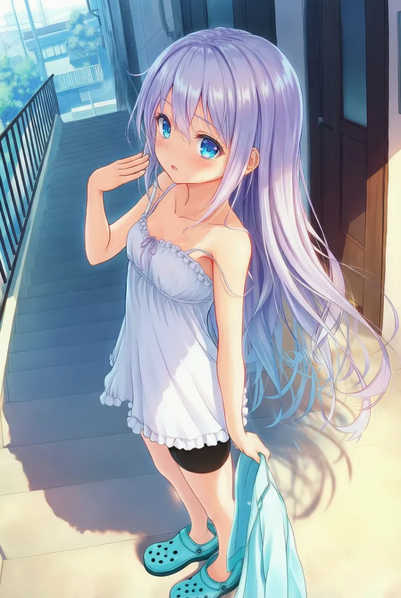 アパート外廊下で暑さを表現する日常プロンプトとAIイラスト作例