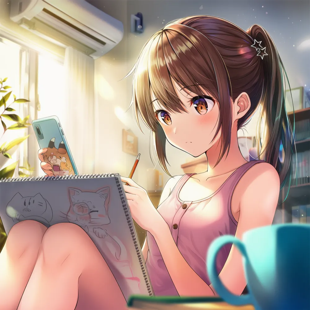 アパートの部屋で絵を描く室内シーンのプロンプトとAIイラスト作例