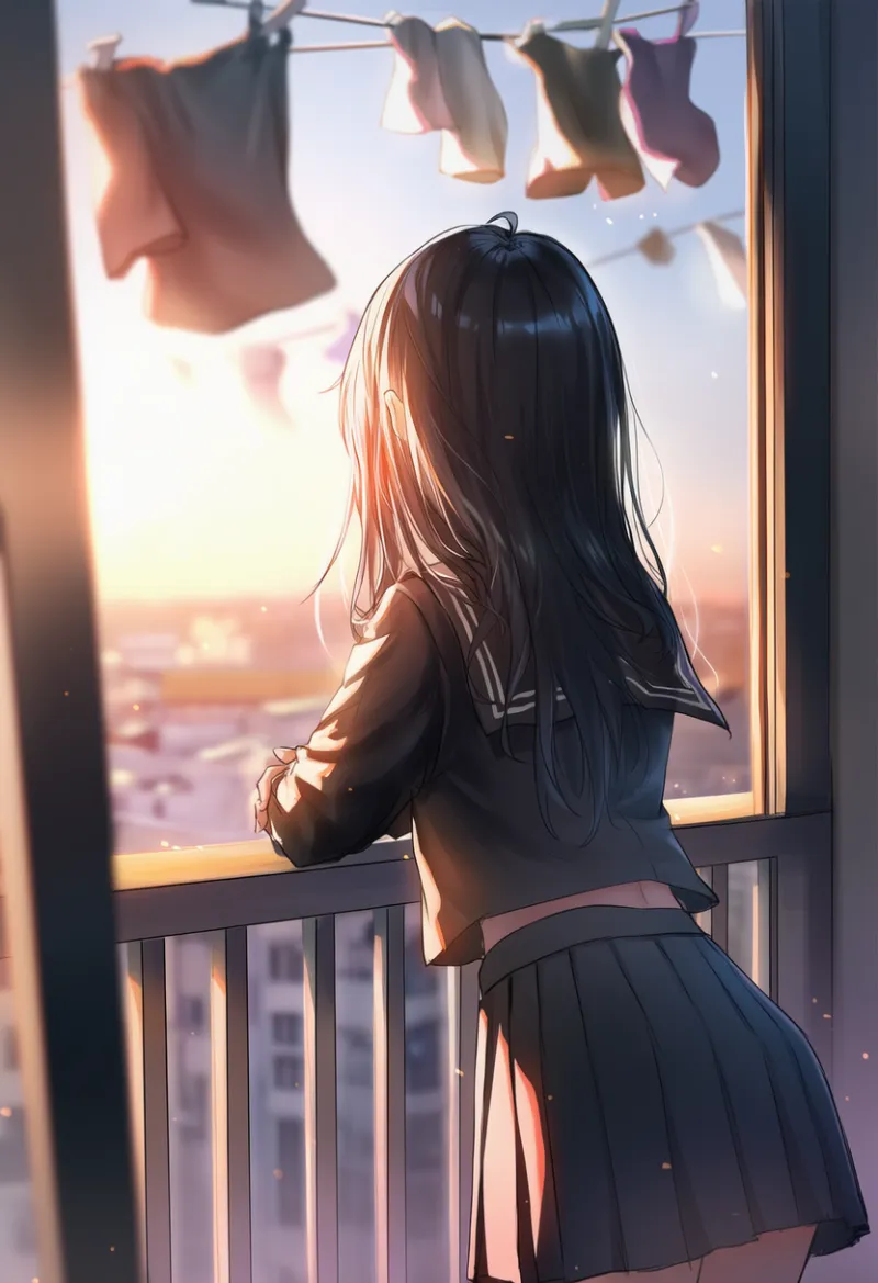 アパートのベランダから景色を見るシーンのプロンプトとAIイラスト作例