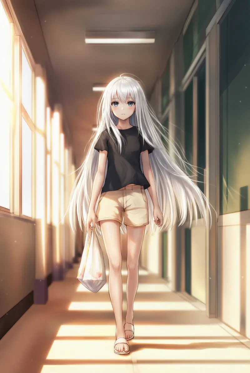 買い物帰りにアパート廊下を歩くシーンのプロンプトとAIイラスト作例