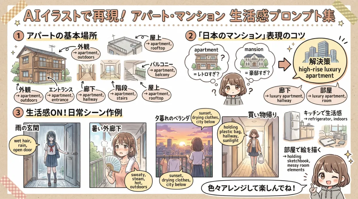 アパート・マンションのプロンプト集(部屋・廊下・玄関等)の記事のまとめの図解イラスト