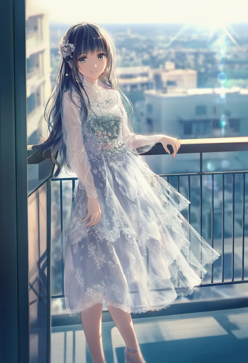 アパートのバルコニーから都市が見えるAIイラスト作例