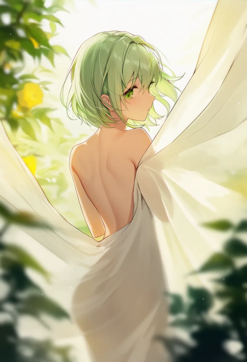 カーテン越しに見える背中を描写するAIイラスト|プロンプト紹介