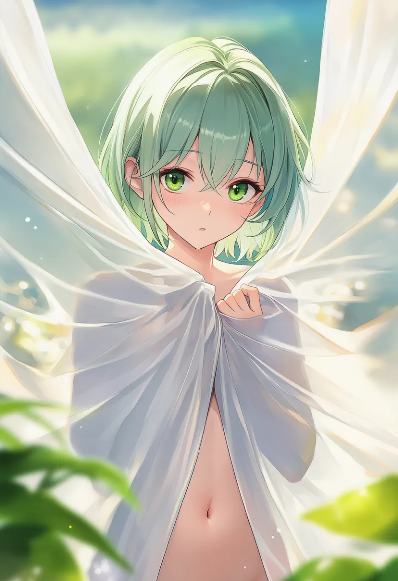 カーテン越しに見えるおへそを描写するAIイラスト|プロンプト紹介