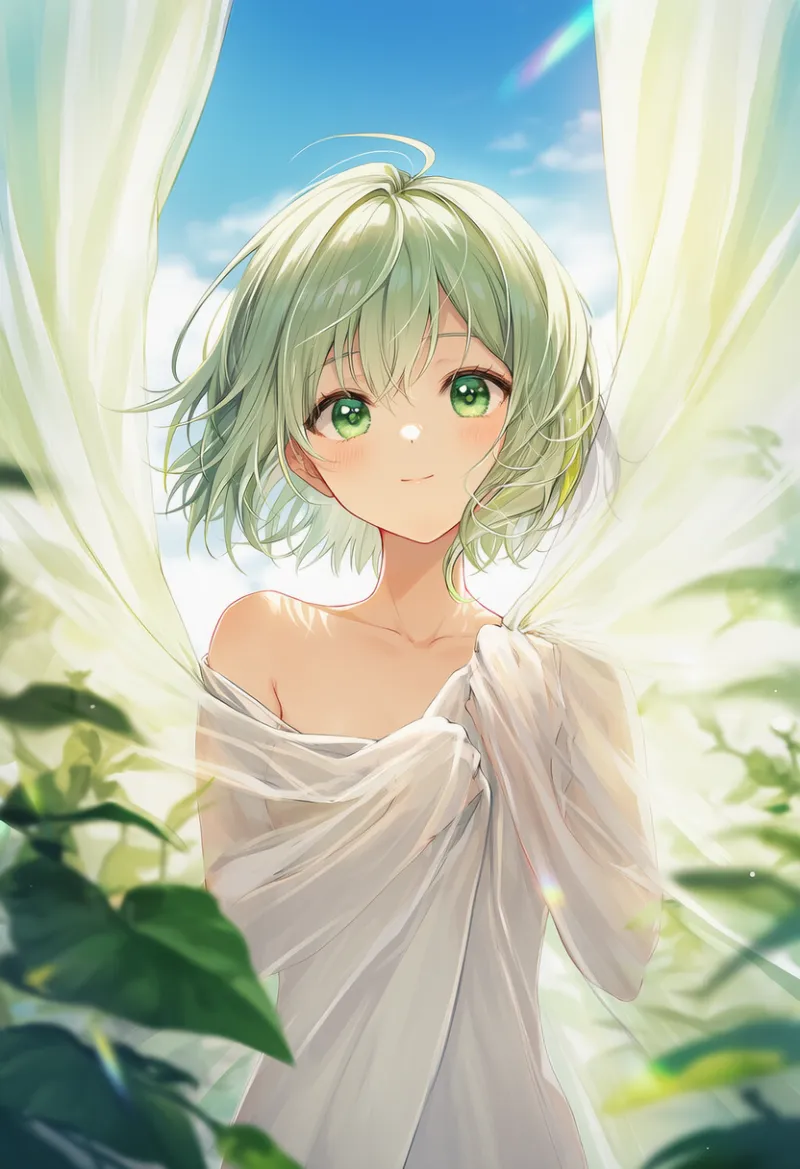 カーテン越しに見える肩を描写するAIイラスト|プロンプト紹介