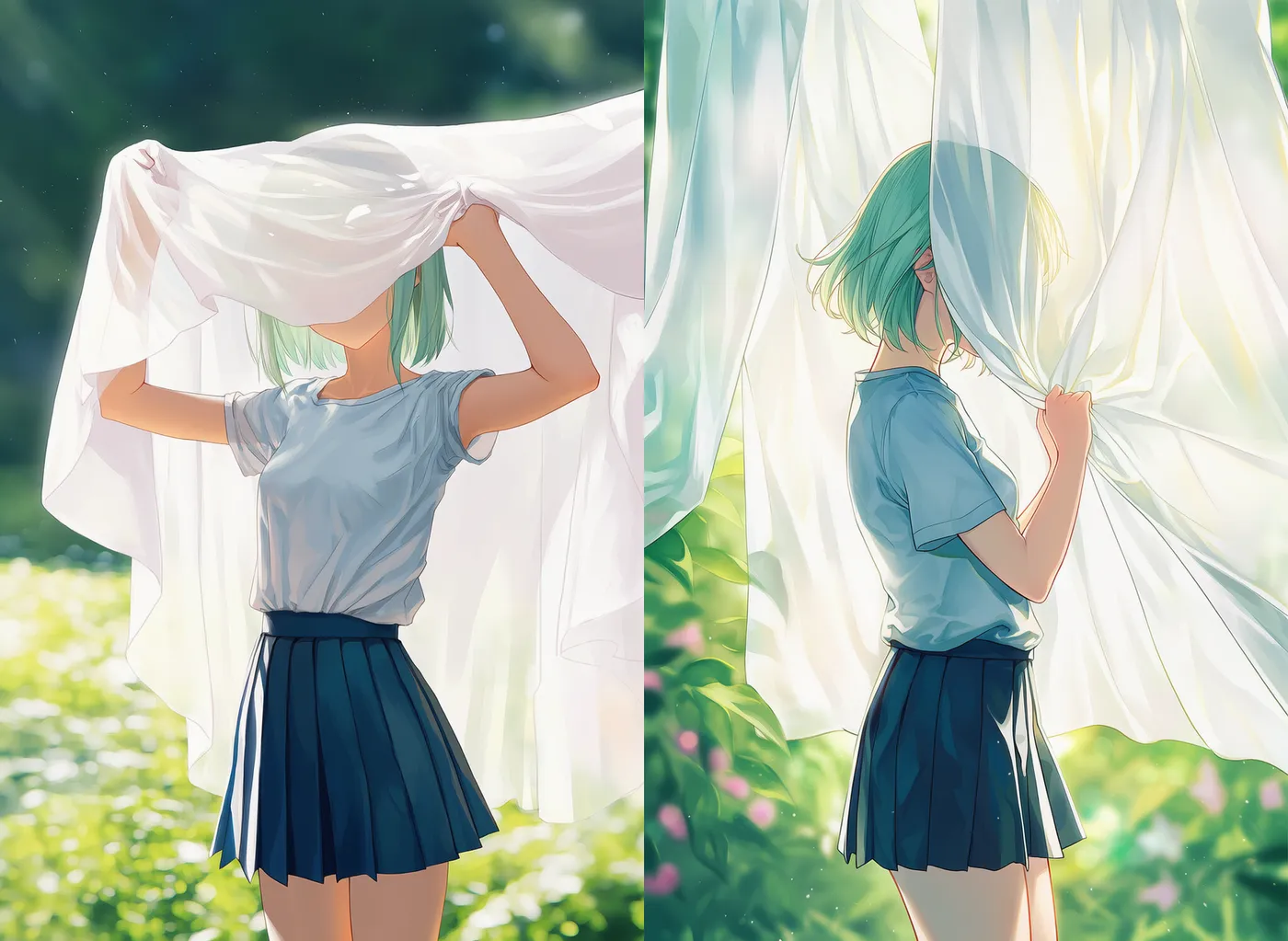 カーテンで顔を隠すプロンプト|AIイラストの作例