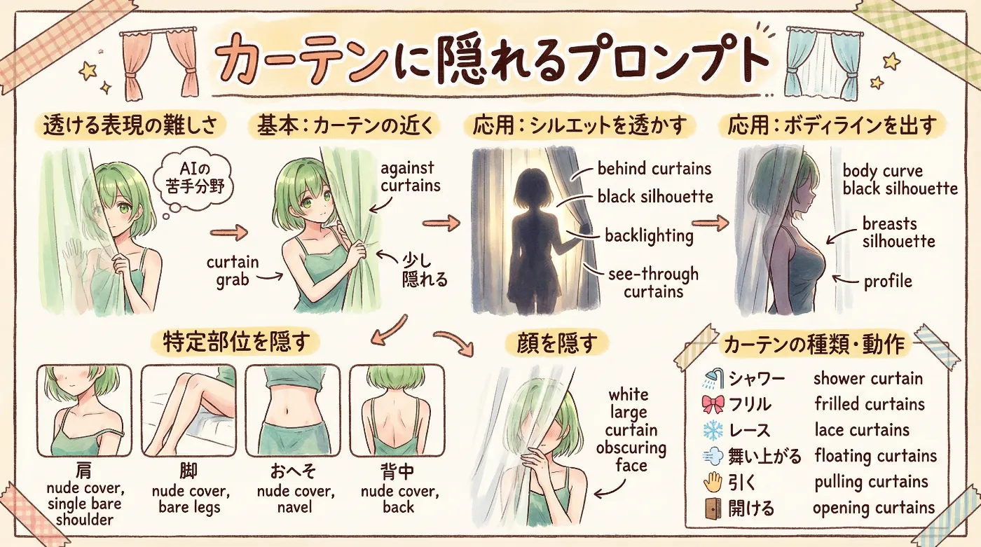 カーテンにキャラクターが隠れるプロンプトを体系的に紹介したイラスト