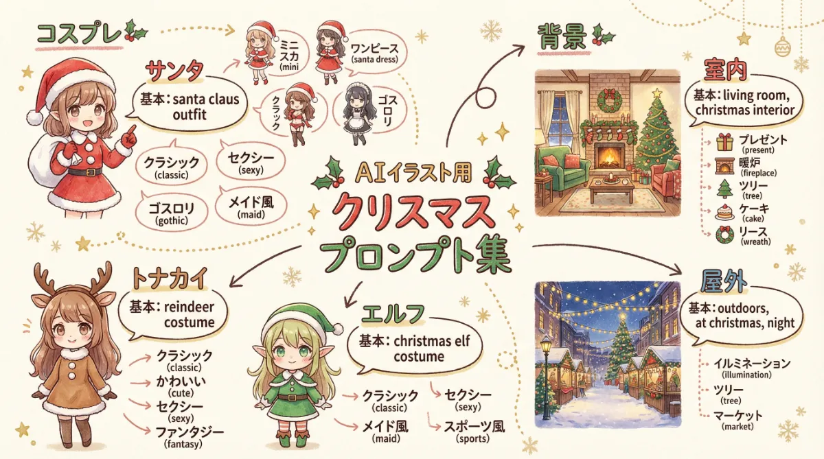 サンタコスプレとクリスマス背景のAIプロンプト集