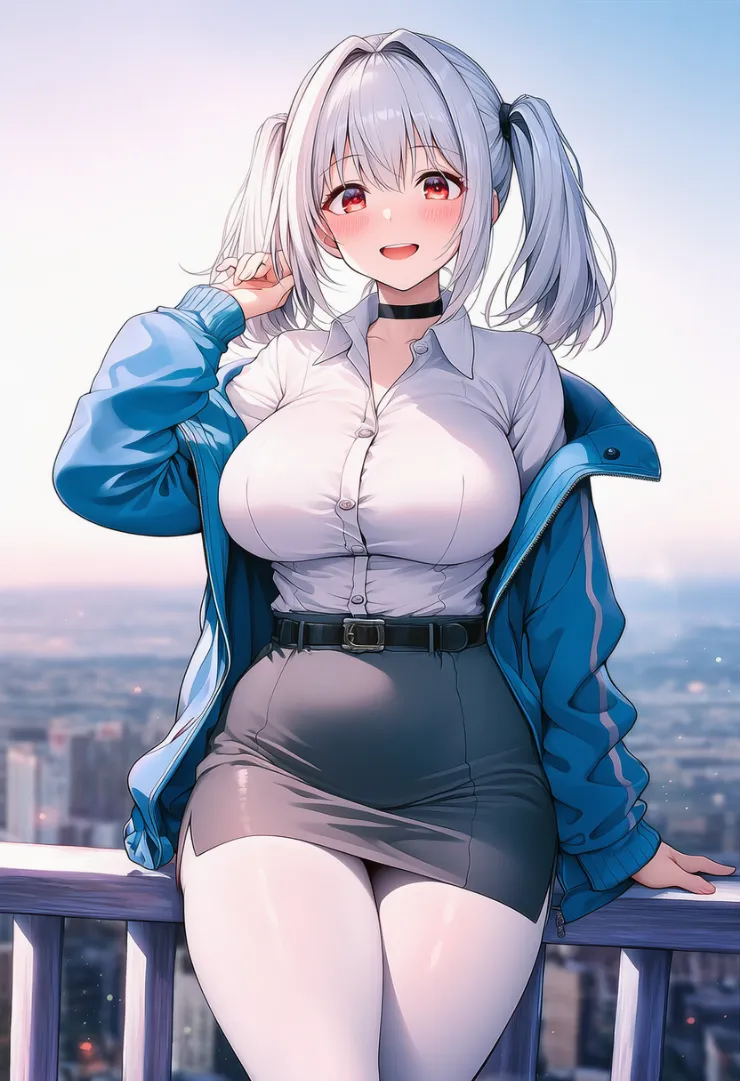 白シャツ×青ジャケット×タイトスカートのきれいめプロンプト｜グラマラスな体型のAIイラスト作例