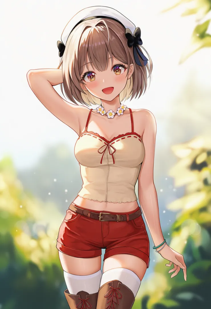 キャミソール×ショーツ×白サイハイのカジュアルプロンプト｜細い腰・グラマラスな体型のAIイラスト作例