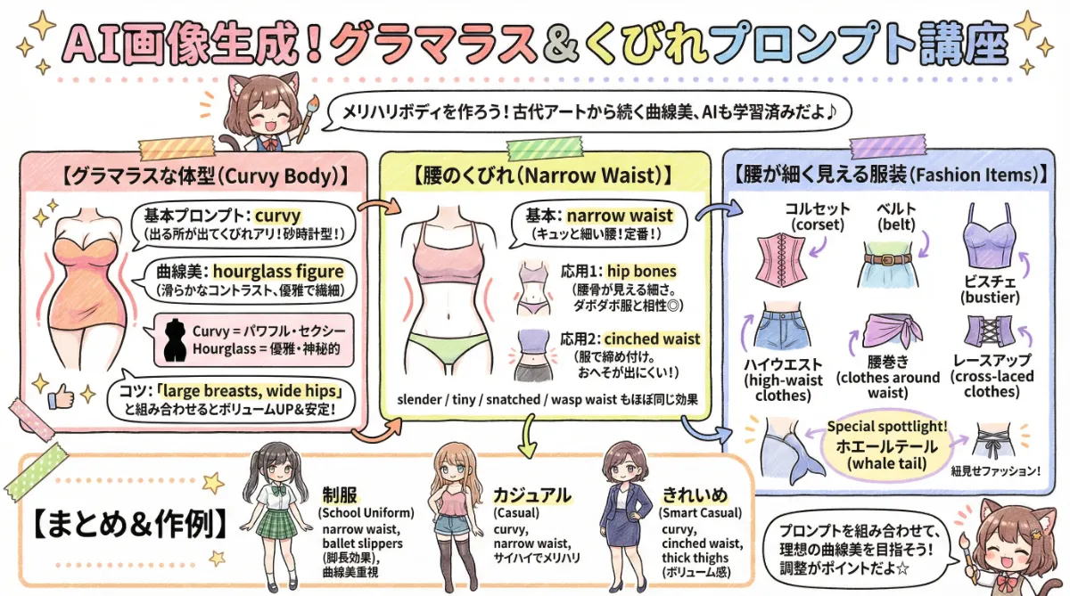 グラマラス体型・腰のくびれ・曲線美のプロンプト集の記事の図解イラスト