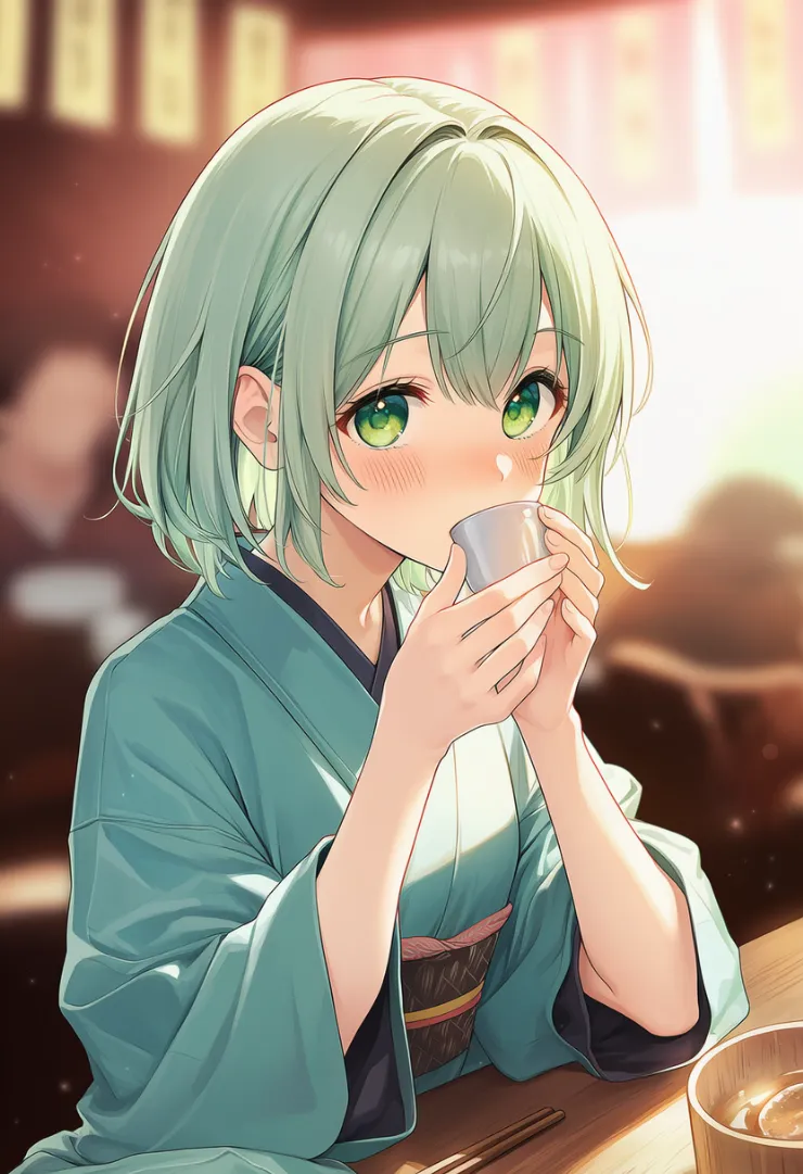 おちょこで酒をちびちび飲むプロンプト紹介とAIイラスト作例