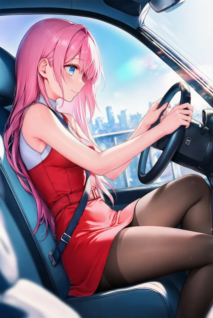 車を運転するキャラの脚・太ももに視線を集めるプロンプトとAIイラスト作例